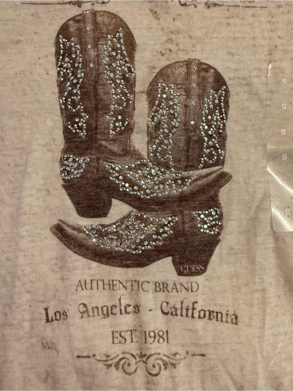 Guess Brown Rhinestone Cowboy Boots T-shirt